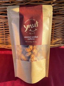 ynu 130gt coconut candied cashews made in NZ