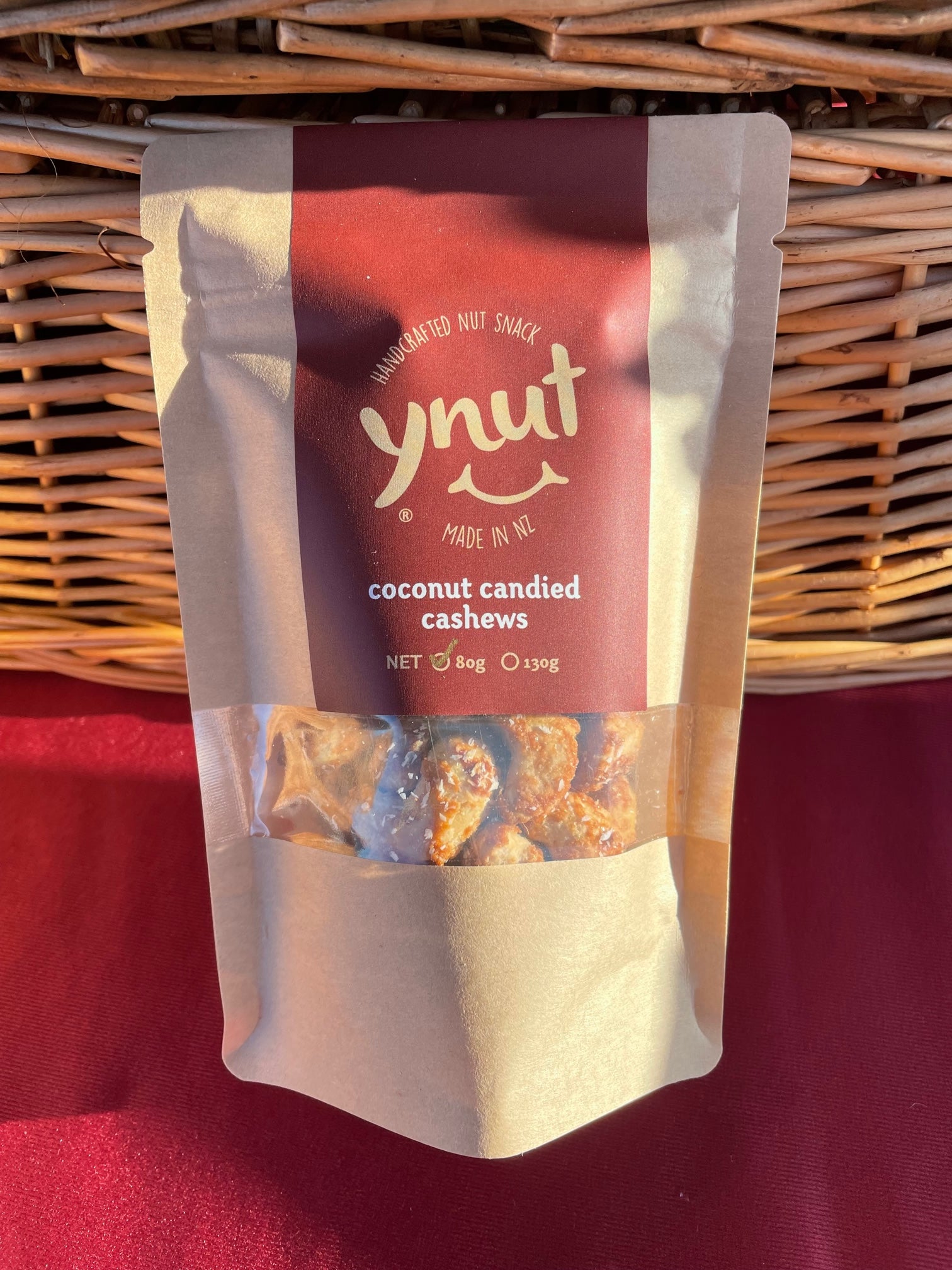 ynut 80g coconut candied cashews made in NZ